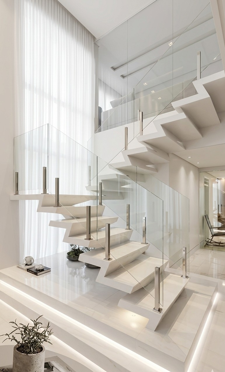 Escada de mármore com guarda-corpo de vidro